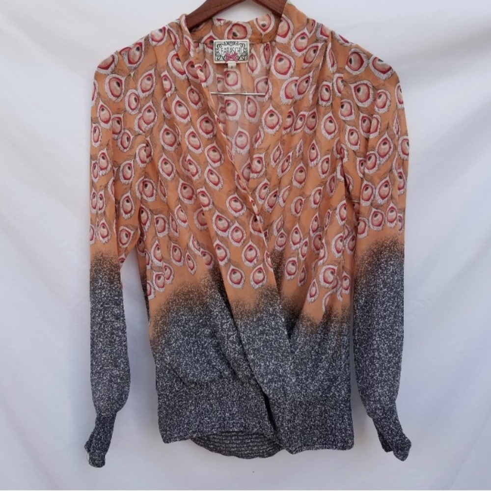 BARASCHI Peacock Feather Smocked Sheer Blouse